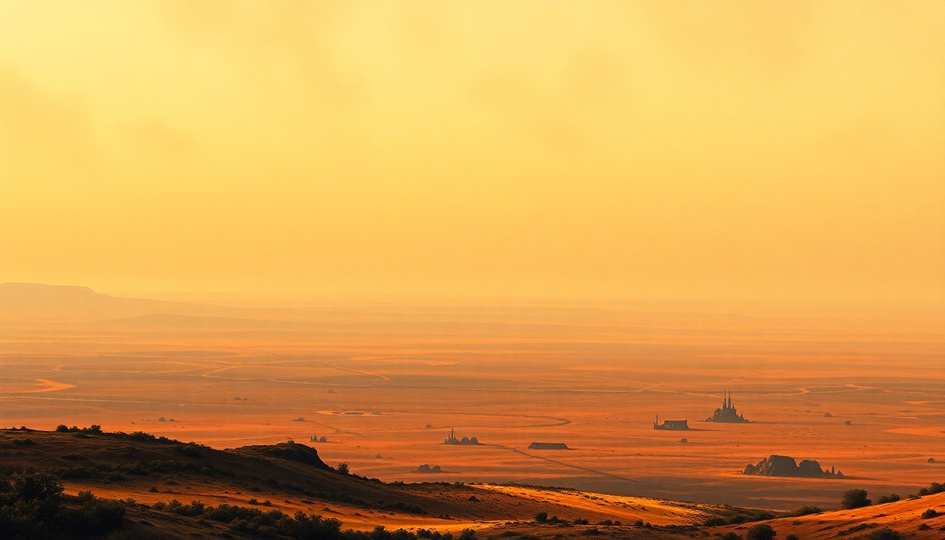 A sweeping, atmospheric landscape painting in muted tones of ochre and sienna, with a distant horizon line obscured by a hazy, oppressive heat. The scene conveys a sense of the overwhelming scale and power of the natural environment, with any physical structures or vegetation appearing small and insignificant against the overwhelming force of the elements.