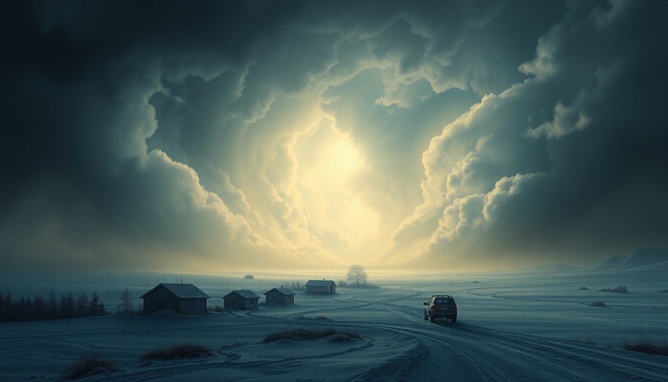 A vast, atmospheric landscape painting depicting a massive, swirling winter storm system dominating the scene, with physical structures and vehicles barely visible in the dramatic, backlit composition.