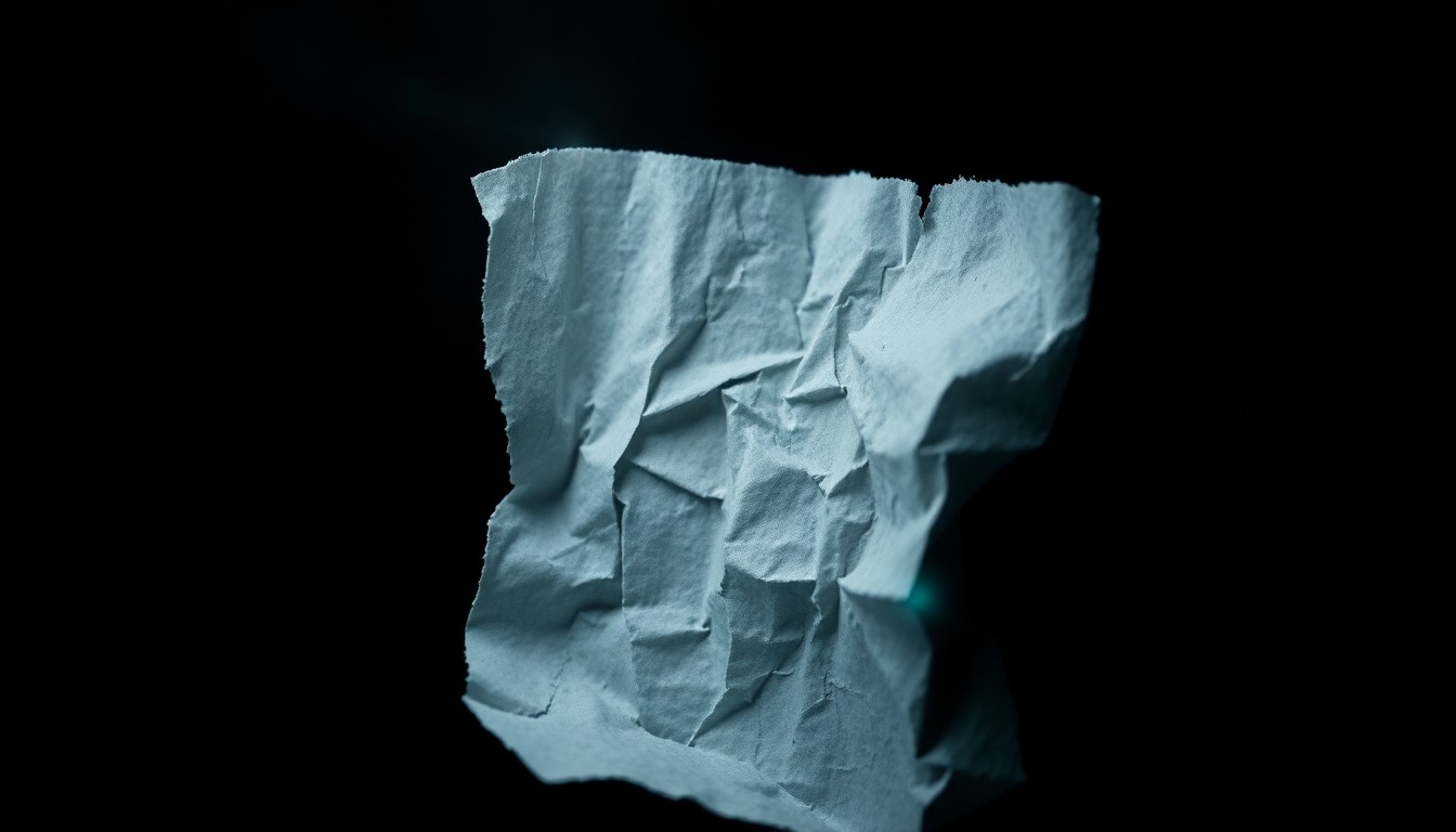 An extreme close-up photograph of a crumpled piece of paper evidence, its torn edges and textured surface conveying a sense of gritty investigation into a disturbing crime.