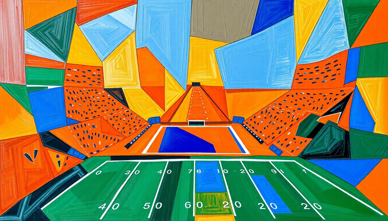 A cubist, geometric painting depicting a fragmented college football game, with sharp, overlapping planes of color representing the complex issues surrounding academics and athletics in the sport.