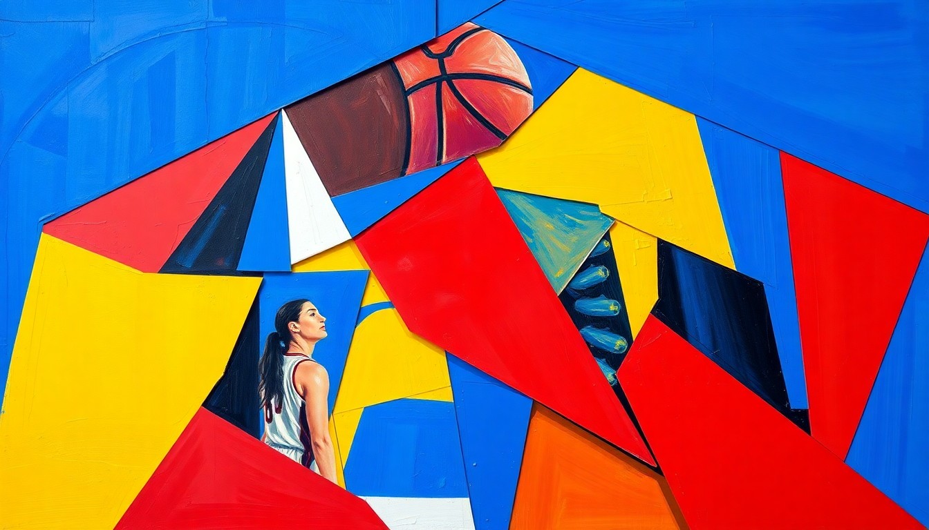 A cubist, geometric painting depicting fragmented and overlapping images of a women's basketball game, with sharp planes of royal blue, cardinal red and bright yellow colors.