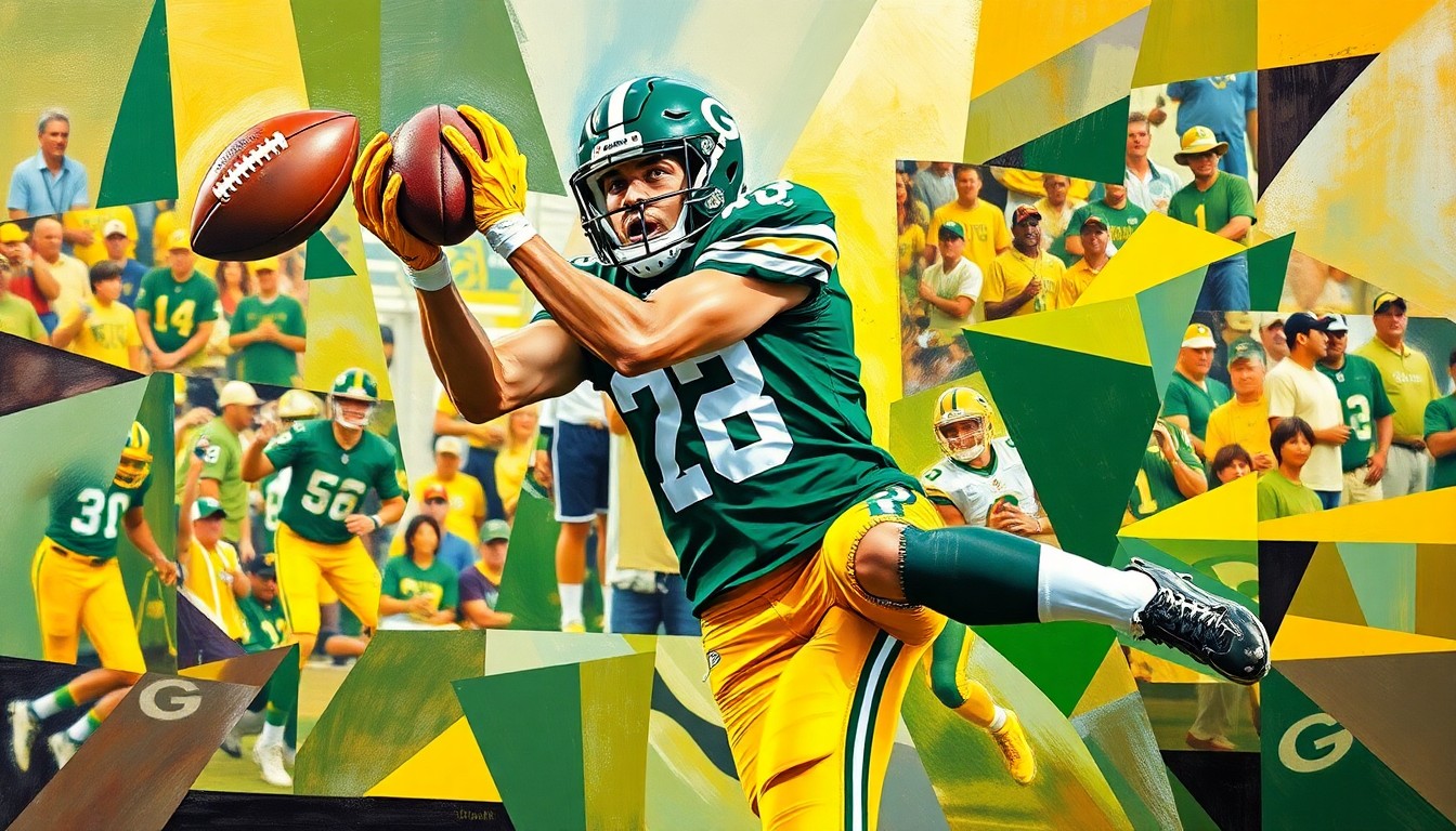 A fractured, geometric painting depicting the dynamic movement and intensity of a college football wide receiver making a contested catch, rendered in the cubist style with vibrant green and yellow colors.