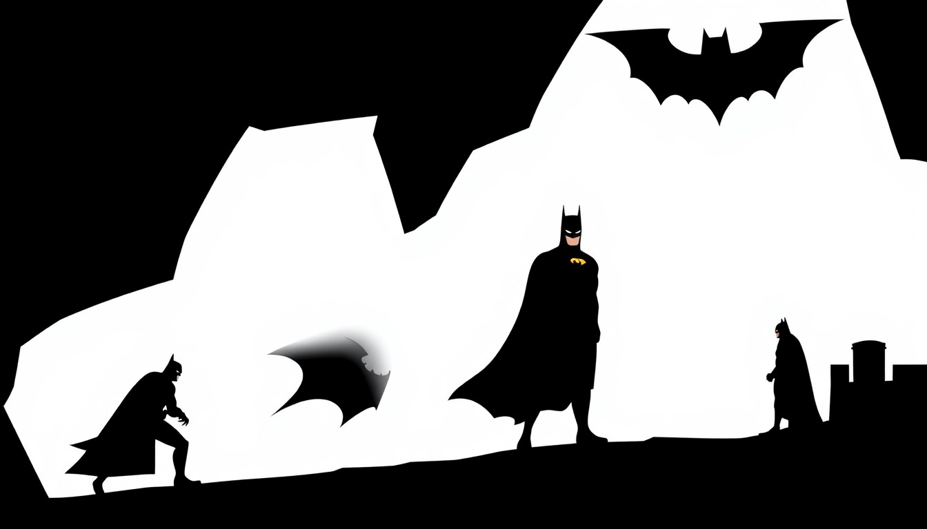 A striking abstract composition featuring bold, jagged geometric shapes in black, red, and white, conceptually representing the evolution of the Batman animated series franchise.
