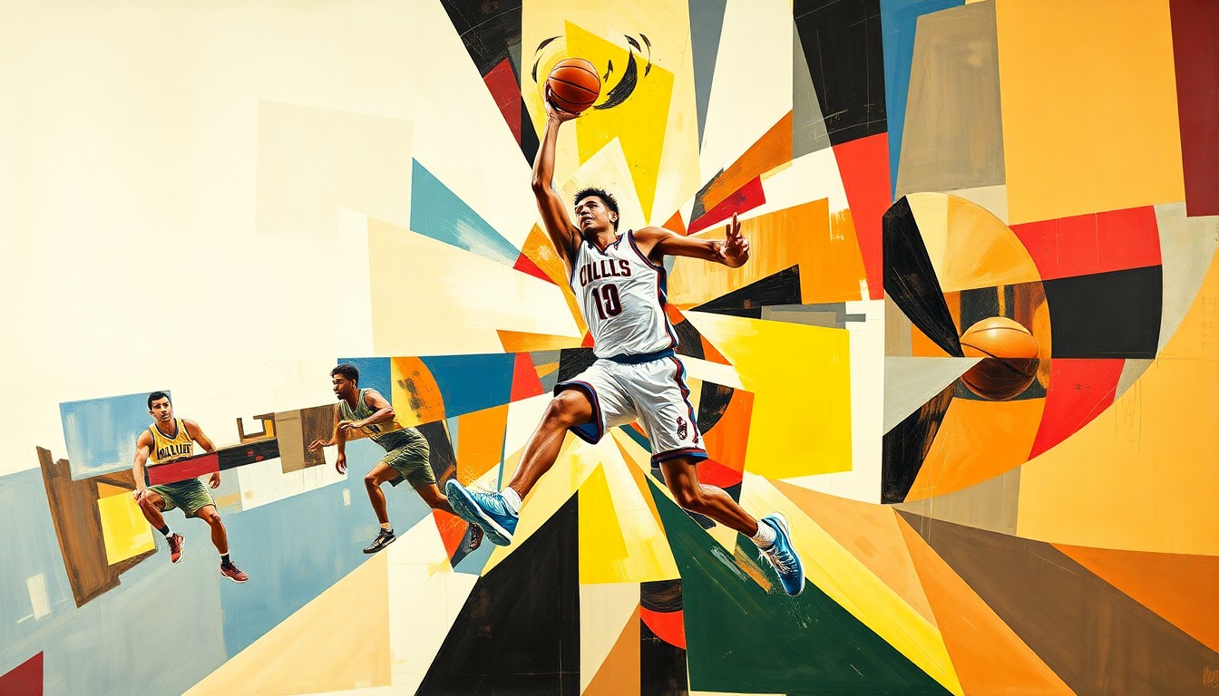 A cubist, geometric illustration depicting a college basketball player's movements and actions, with sharp, overlapping planes of color and form, capturing the fluid nature of modern college sports.