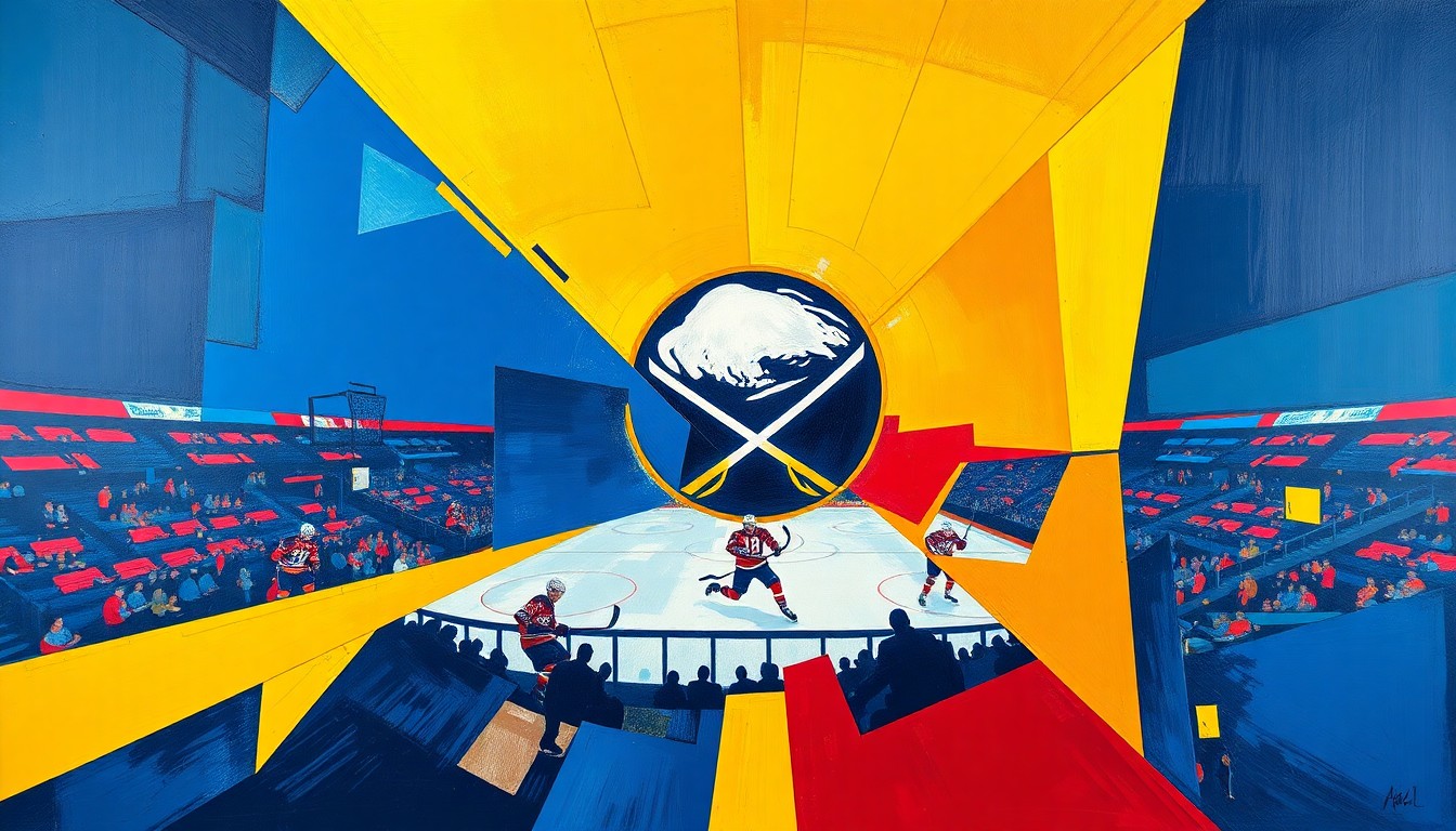 A fractured, cubist-style painting with sharp, overlapping geometric planes in vibrant blues, golds, and reds, capturing the raw energy and drama of the Sabres' comeback victory over the Rangers.
