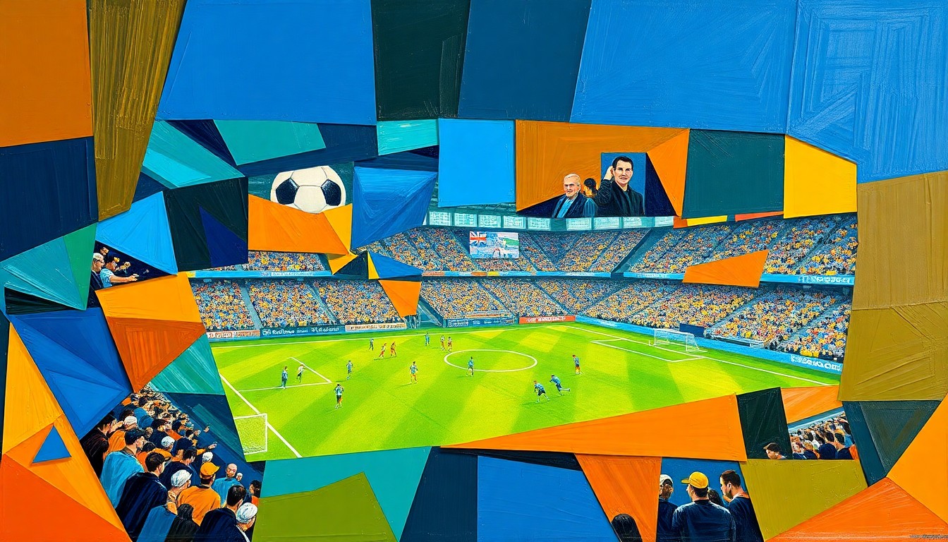 A fractured, cubist-style painting depicting the action and energy of a football game, with sharp geometric shapes and planes in vibrant colors representing the strategic complexity of the sport.