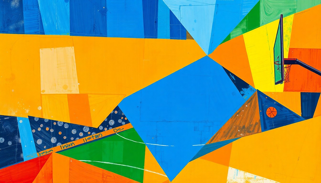 A cubist-style painting depicting a basketball game or match, with the players and court broken down into sharp, overlapping geometric shapes in vibrant colors, conceptually representing the dynamic and multifaceted nature of the sport.