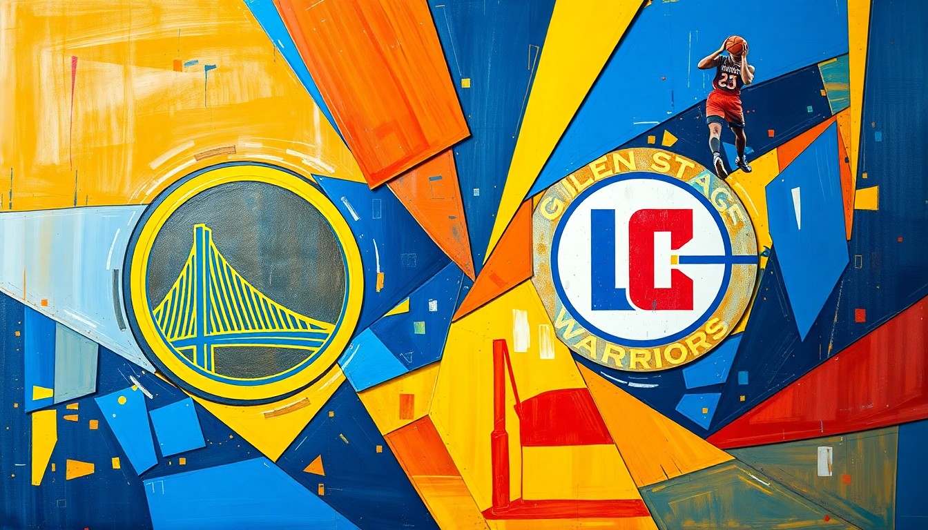 A cubist, geometric painting depicting the action of a basketball game between the Golden State Warriors and LA Clippers, with the players and court rendered in fragmented, overlapping planes of vibrant colors.
