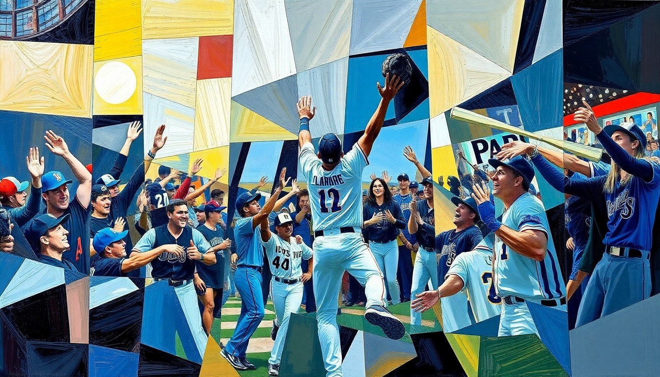 A cubist-style painting depicting a Padres player hitting a home run, with the action broken down into overlapping geometric shapes and planes in vibrant colors.