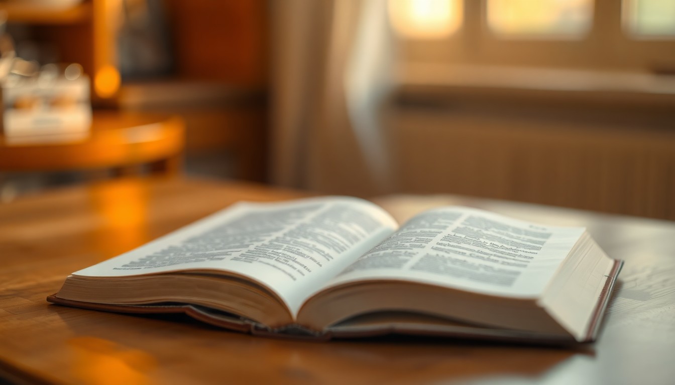 An abstract, out-of-focus photograph showing the soft, warm glow of light reflecting off the pages of an open book on a wooden table, conceptually representing the cozy, welcoming atmosphere of a public library.