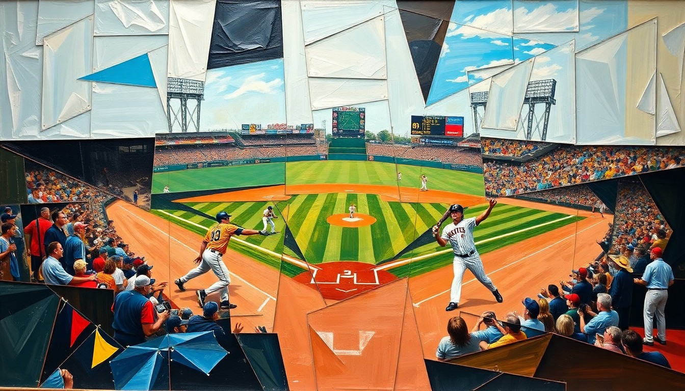 A fractured, geometric painting depicting the motion and action of a baseball game, with the players' forms broken down into abstract shapes and planes of color.