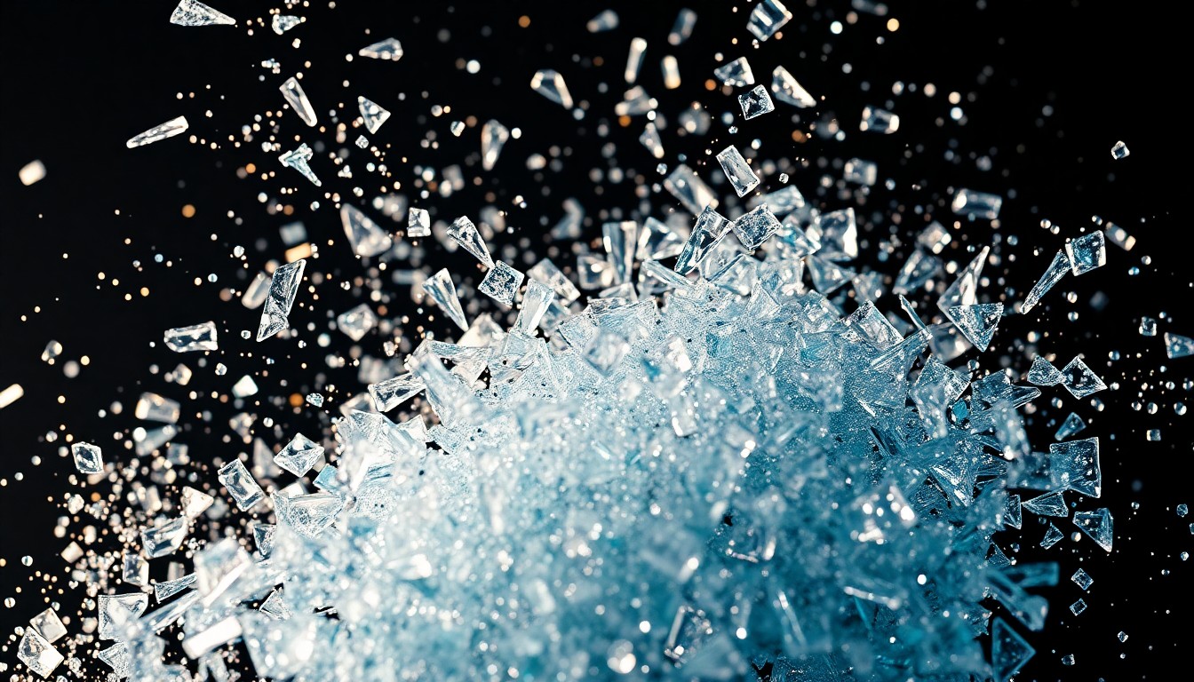 An extreme close-up of shattered glass and glittering shards, captured in dramatic high-contrast studio lighting, conceptually representing the nostalgic and celebratory energy of a TV series revival.