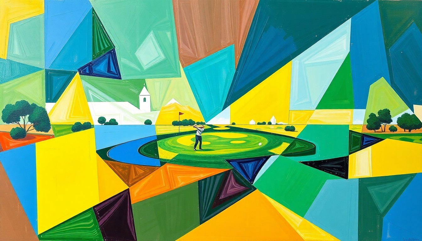 A cubist, geometric painting depicting a fragmented, multi-angled view of a golf tournament, with sharp planes of color representing the dynamic energy and competition of the sport.