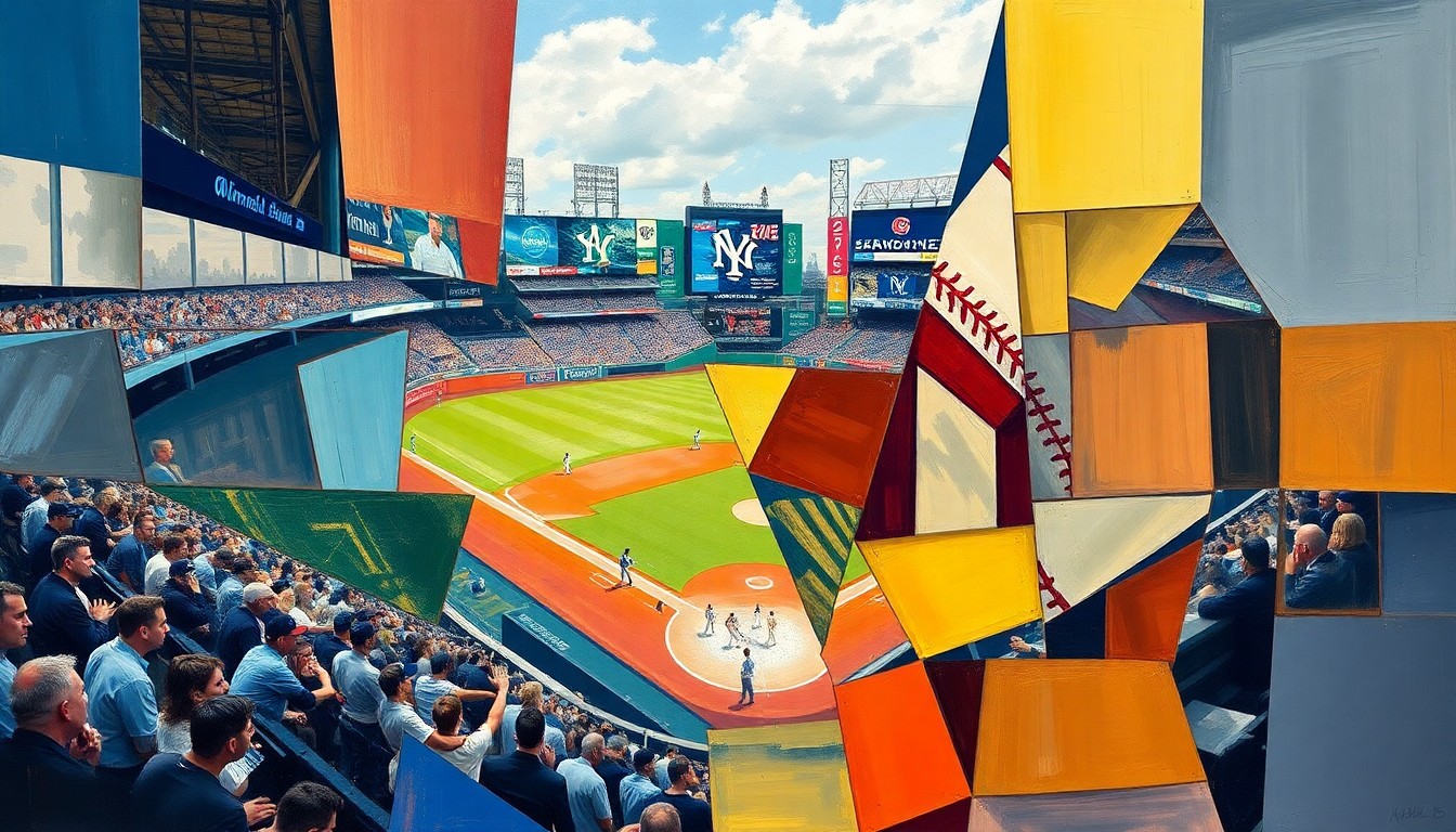 A cubist-style painting depicting a baseball game in fragmented, geometric shapes and planes of color, capturing the dynamic action and energy of the sport.