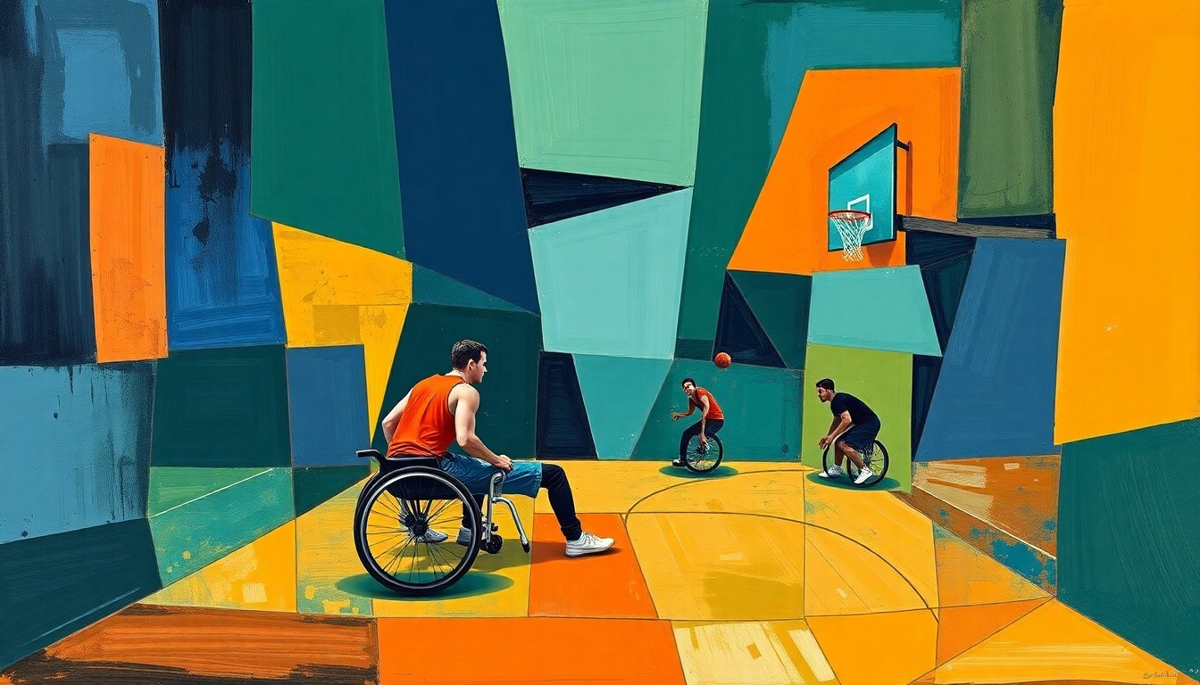 A cubist, geometric painting depicting a wheelchair basketball game, with the players and court broken down into sharp, overlapping planes of navy, green, and orange, conveying the dynamic energy and movement of the sport.