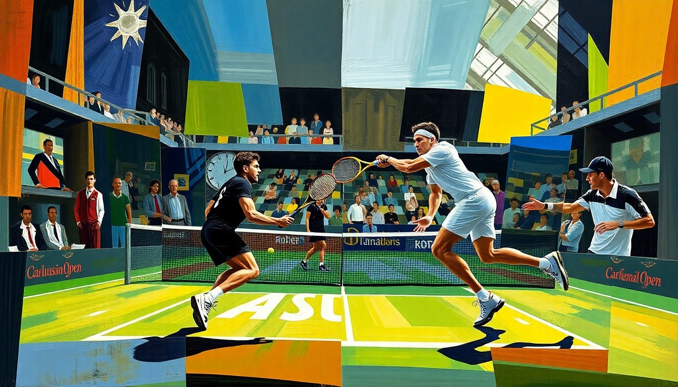 A cubist-style painting depicting the intense action and movement of the Australian Open final match between Carlos Alcaraz and Novak Djokovic, with sharp, overlapping geometric planes capturing the players' energy and the drama of the moment.