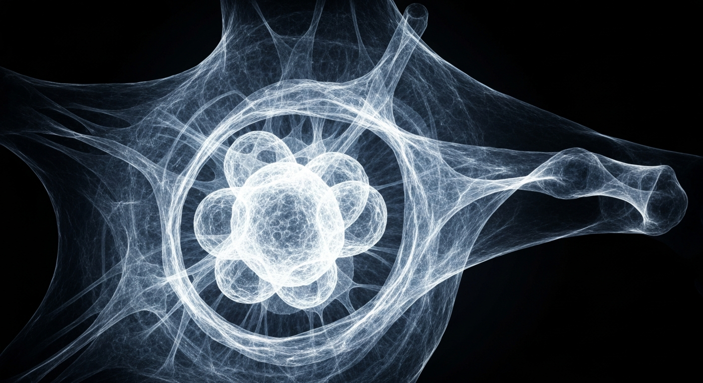 An extreme close-up X-ray photograph revealing the intricate internal structures of a human cell, with glowing ghostly lines against a dark background, conceptually representing the breakthrough discovery of microRNAs and their potential to revolutionize stress relief and metabolic health.