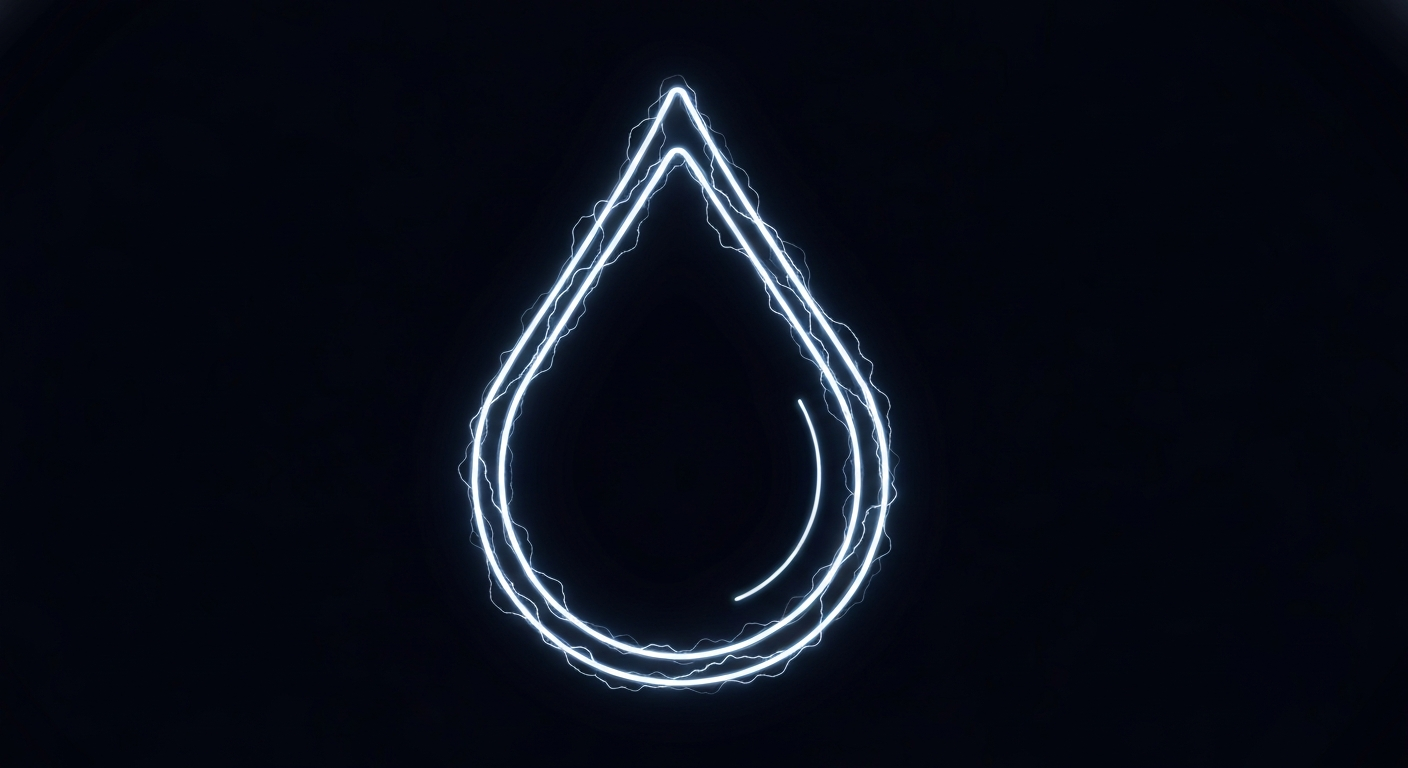 A glowing, neon outline of a water droplet against a dark background, with the droplet's shape and lines pulsing with an electric energy, conceptually representing the natural compounds causing a temporary taste issue in the municipal water supply.