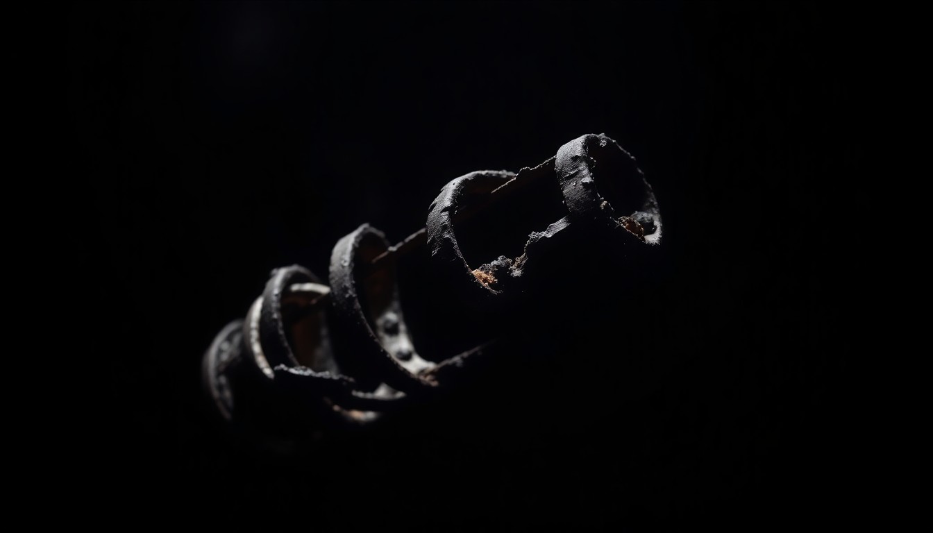 An extreme close-up photograph of a charred, twisted metal object from the mobile home fire, lit by a harsh, direct camera flash against a pitch-black background, conveying a stark, gritty, investigative aesthetic without depicting any violence.