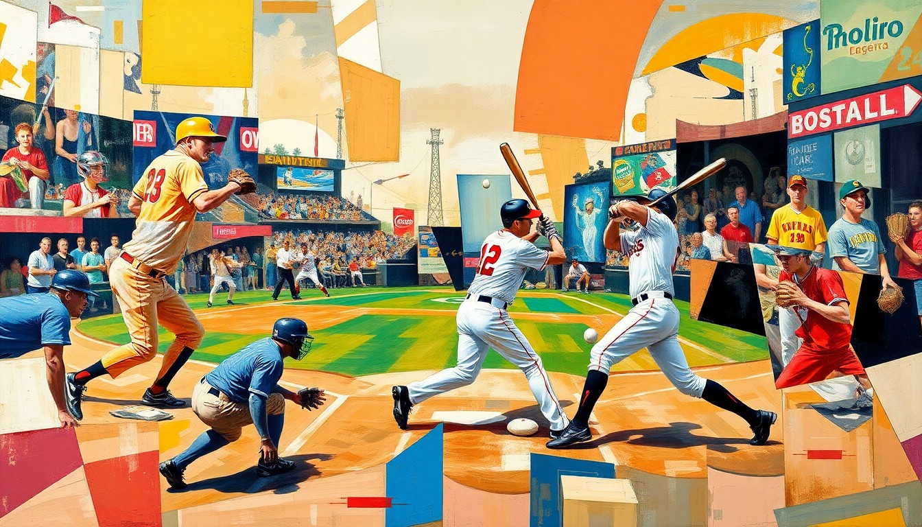 A cubist, geometric painting depicting the abstracted forms of baseball players in motion, with sharp, overlapping planes of color and shape representing the dynamic energy of the game.