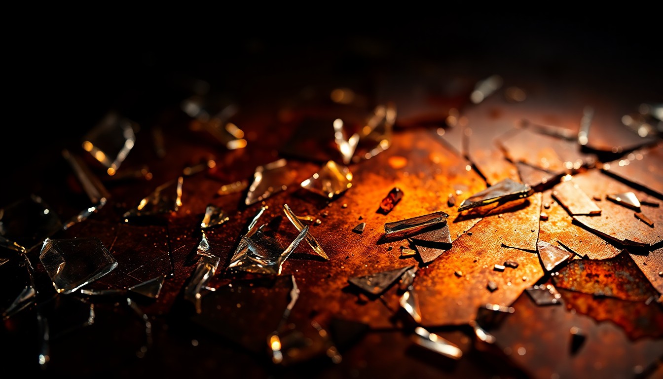 An extreme close-up of a crumpled, tarnished metal surface reflecting a faint, dramatic light, conceptually representing the mysterious and intriguing backstory of the General Hospital character Brick.