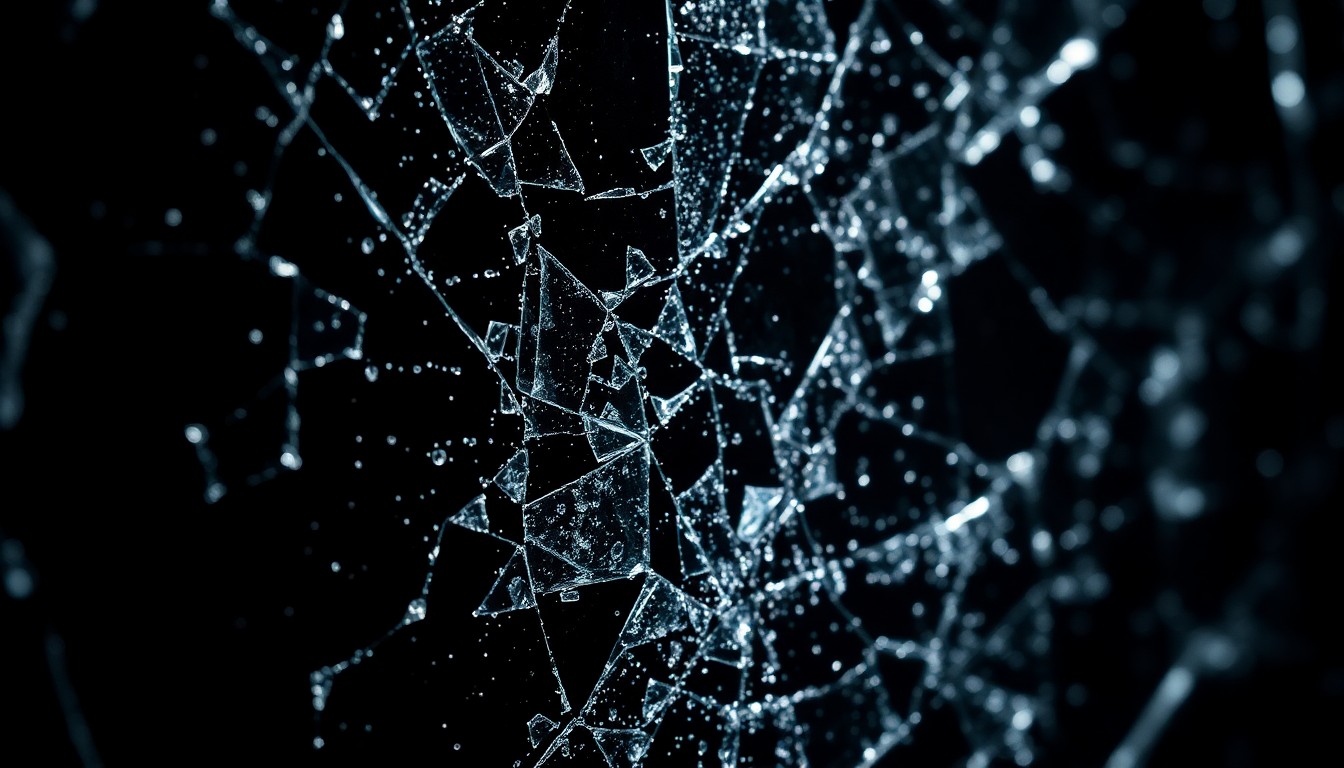 An extreme close-up of a shattered, glittering glass surface in dramatic high-contrast studio lighting, conceptually representing the fractured and complex nature of the 'Battle Creek' TV show.