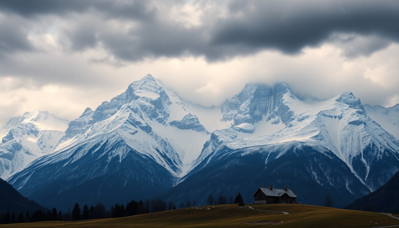 A sweeping, atmospheric landscape painting in muted tones of gray, blue, and white, depicting a snow-covered mountain range under a heavy, overcast sky. A small, isolated farmhouse in the foreground is dwarfed by the towering peaks and dramatic clouds, conveying the overwhelming scale of the natural world and the vulnerability of human habitation.