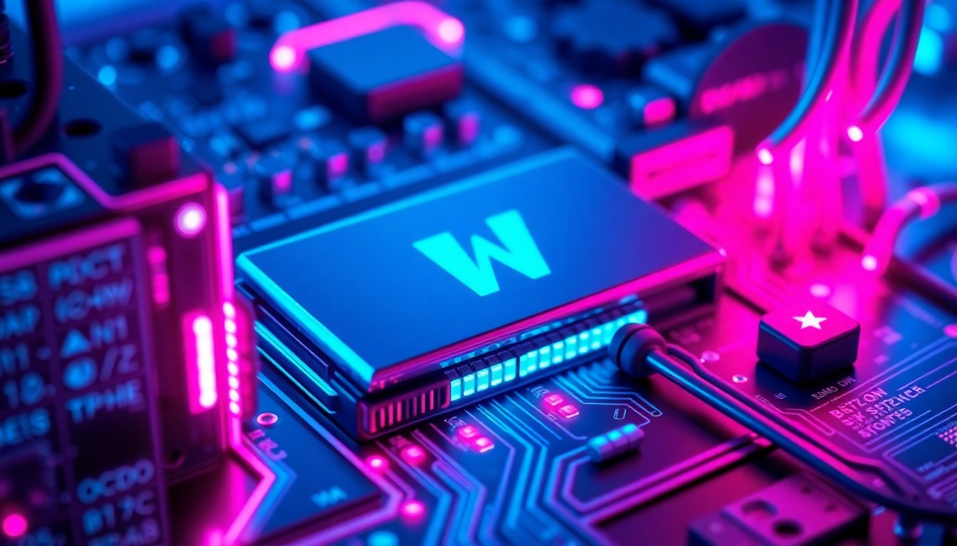 A highly detailed, glowing 3D illustration of a multi-signature crypto wallet system, with various interconnected hardware components and data ports emitting vibrant neon lights, conveying the complex yet secure nature of this advanced blockchain technology.