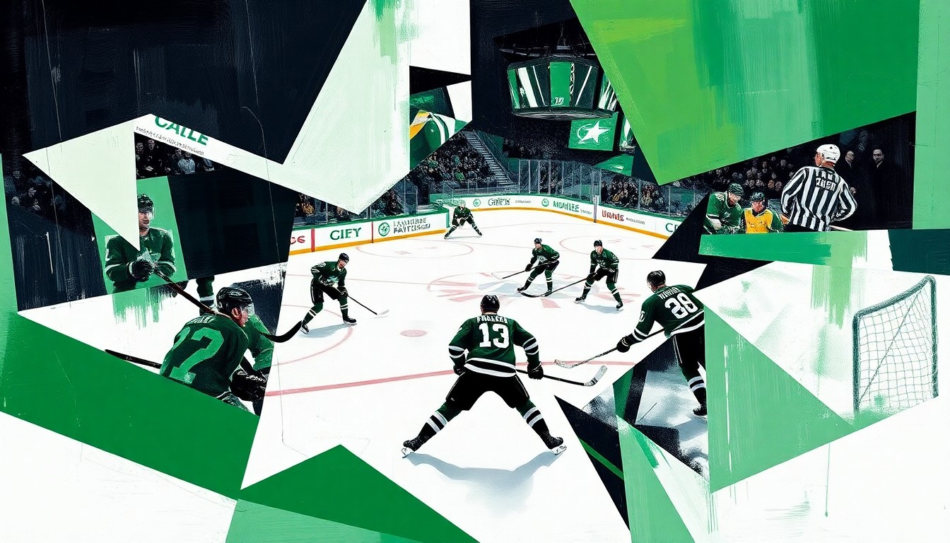 A cubist, geometric painting depicting a fragmented, multi-angled view of a Dallas Stars hockey game, with the players and ice deconstructed into abstract shapes and planes of color.