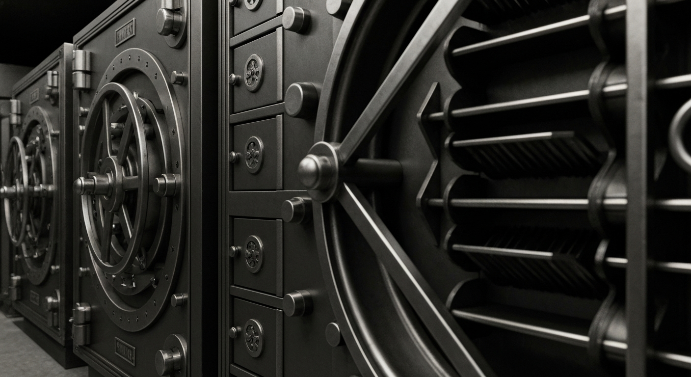 A close-up, high-contrast image of heavy, industrial banking equipment and machinery, representing the financial security and institutional power of the banking industry without using literal currency or charts.