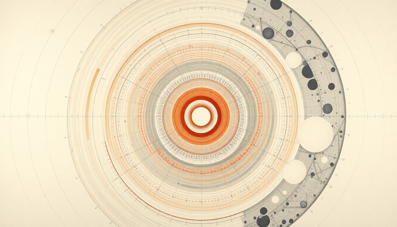 A highly structured abstract painting featuring sweeping geometric arcs, concentric circles, and precise botanical spirals in soft, flat colors against a clean background, conceptually representing the complex forces and concepts of biomedicine and artificial intelligence.