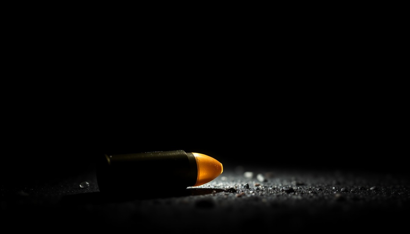 An extreme close-up photograph of a spent bullet casing on the ground, lit by a harsh, direct camera flash against a pitch-black background, conveying the gritty, investigative nature of the crime scene.