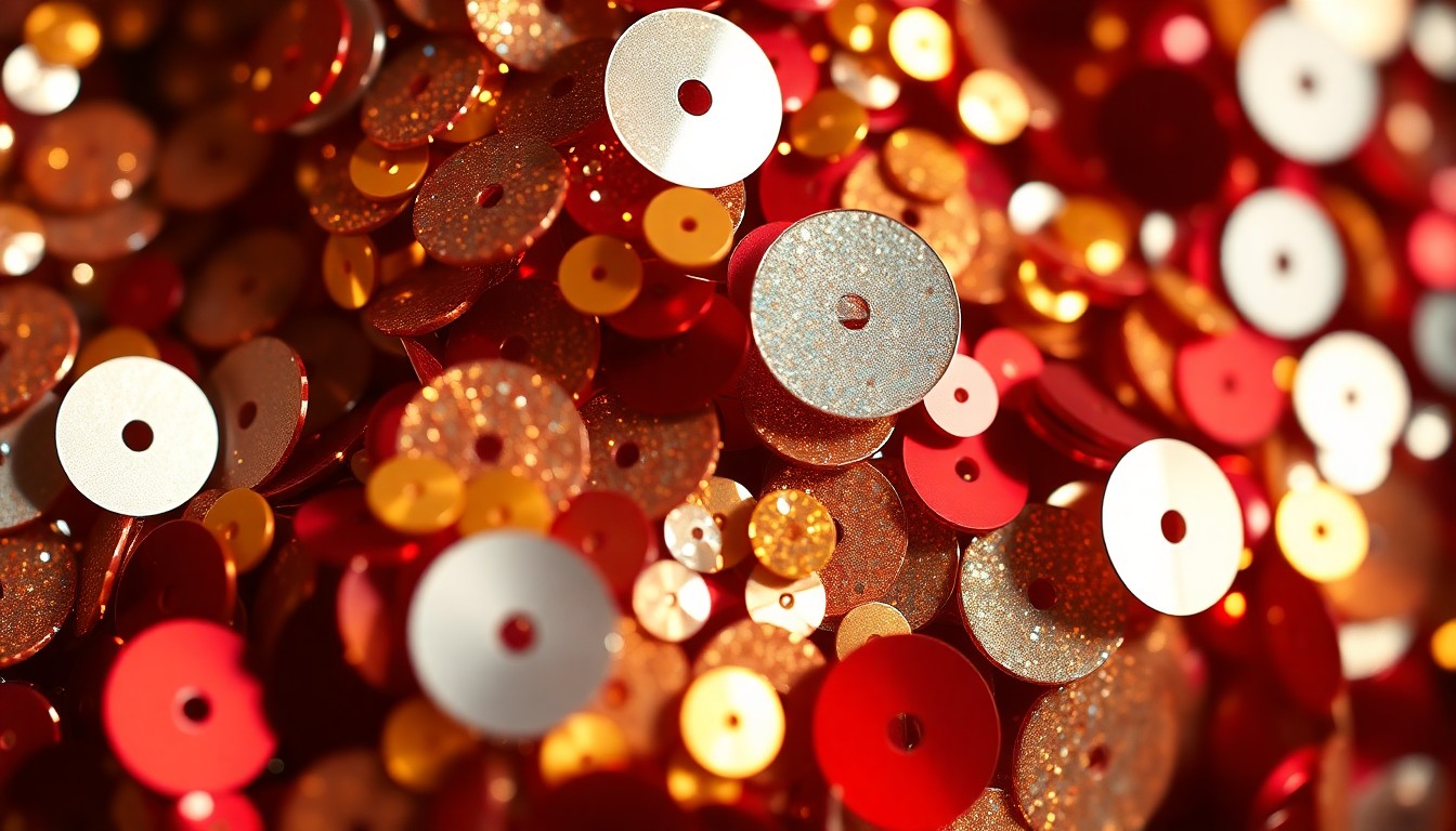 An extreme close-up photograph showcasing the luxurious, glittering textures of sequins in a dramatic, high-contrast studio lighting setup, conceptually representing the glamour and energy of Bruno Mars' upcoming concert tour.