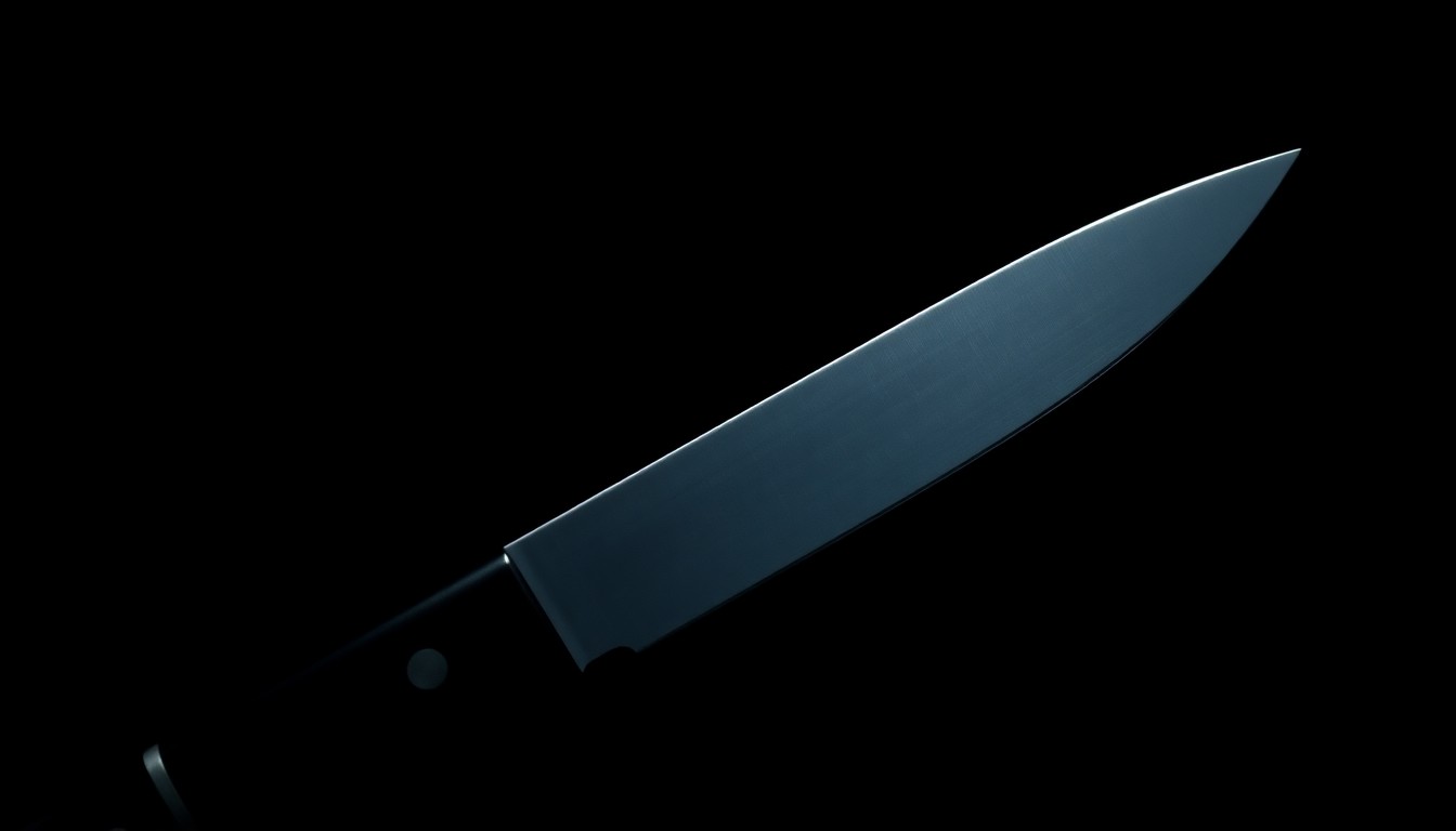 An extreme close-up of a single knife blade, the harsh lighting and dark background creating a stark, gritty, and investigative aesthetic that conceptually represents the violent incident at Grand Central Station.