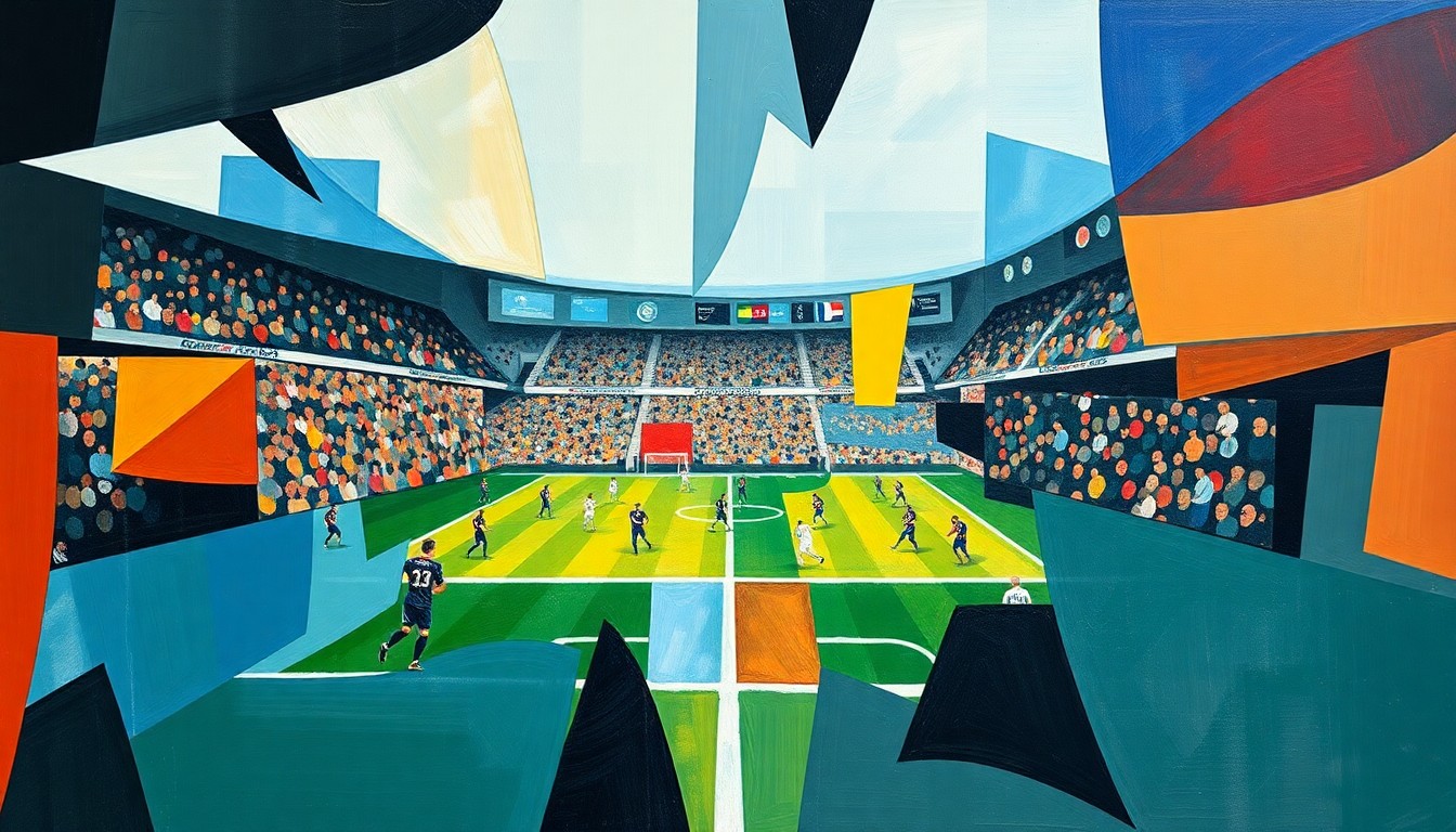 A cubist, geometric painting depicting a fragmented football game, with overlapping shapes and planes representing the complex dynamics of the Eagles' coaching changes.