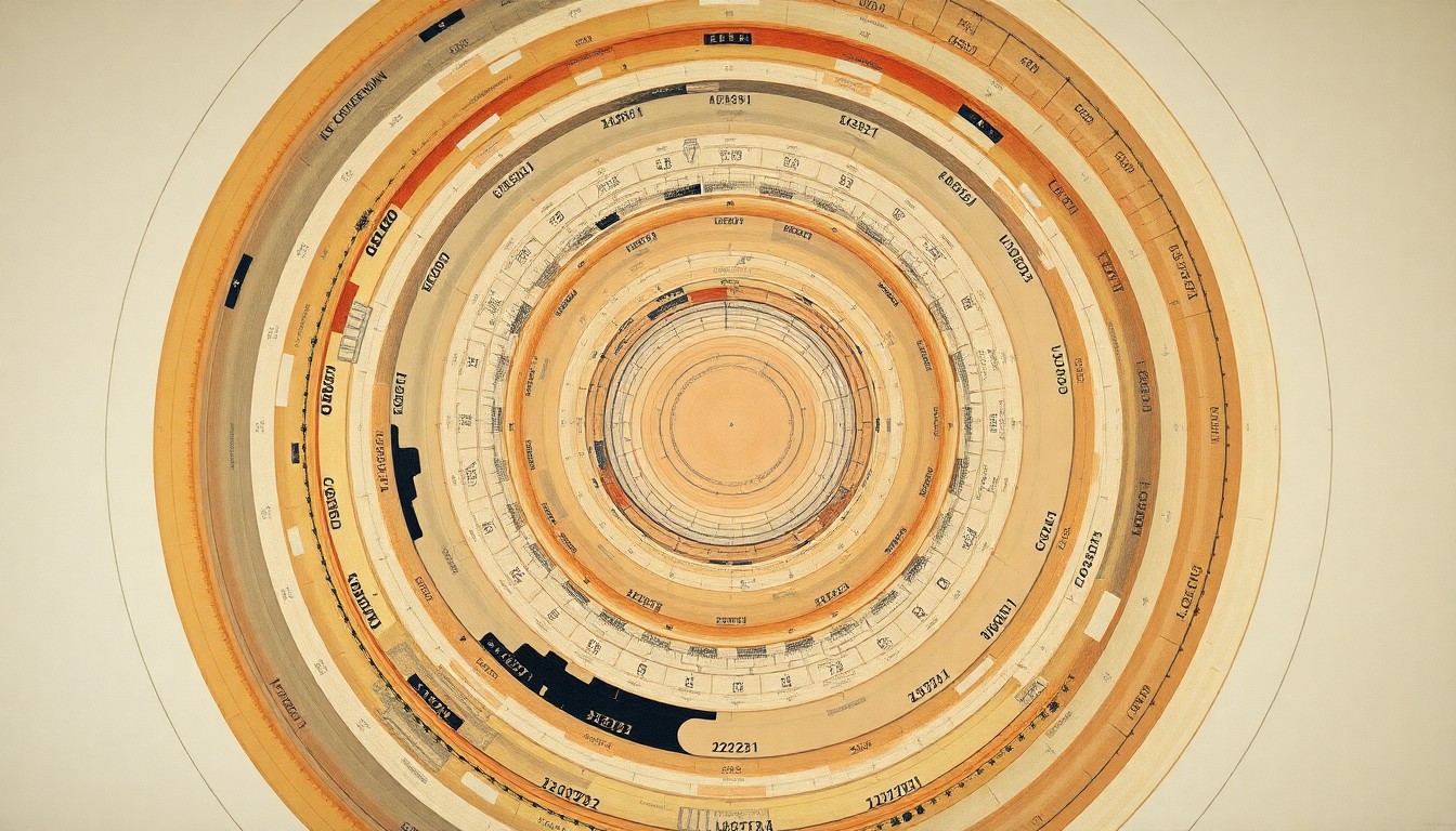 A bold, abstract painting in earthy tones featuring sweeping geometric arcs, concentric circles, and precise botanical spirals, conveying the structural order of the universe and the human values embedded within the Artemis II mission.