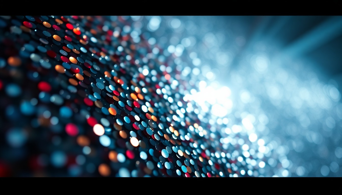 An extreme close-up of shimmering sequins and glittering disco glass textures, captured in dramatic, high-contrast studio lighting to create a glamorous, high-fashion aesthetic that evokes the mood of a romantic comedy premiere.