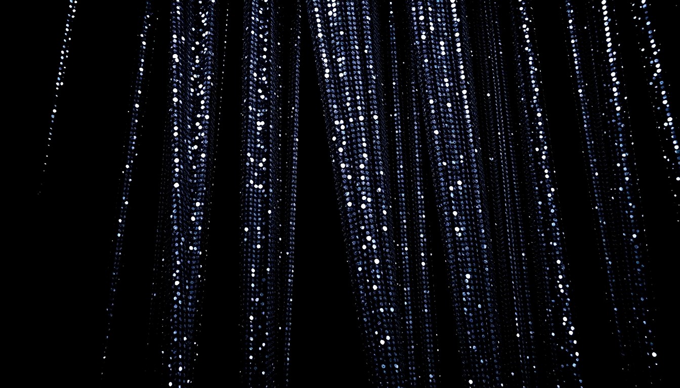 An extreme close-up photograph of luxurious stage curtains and sparkling sequins, capturing the high-stakes glamour of a Broadway production.