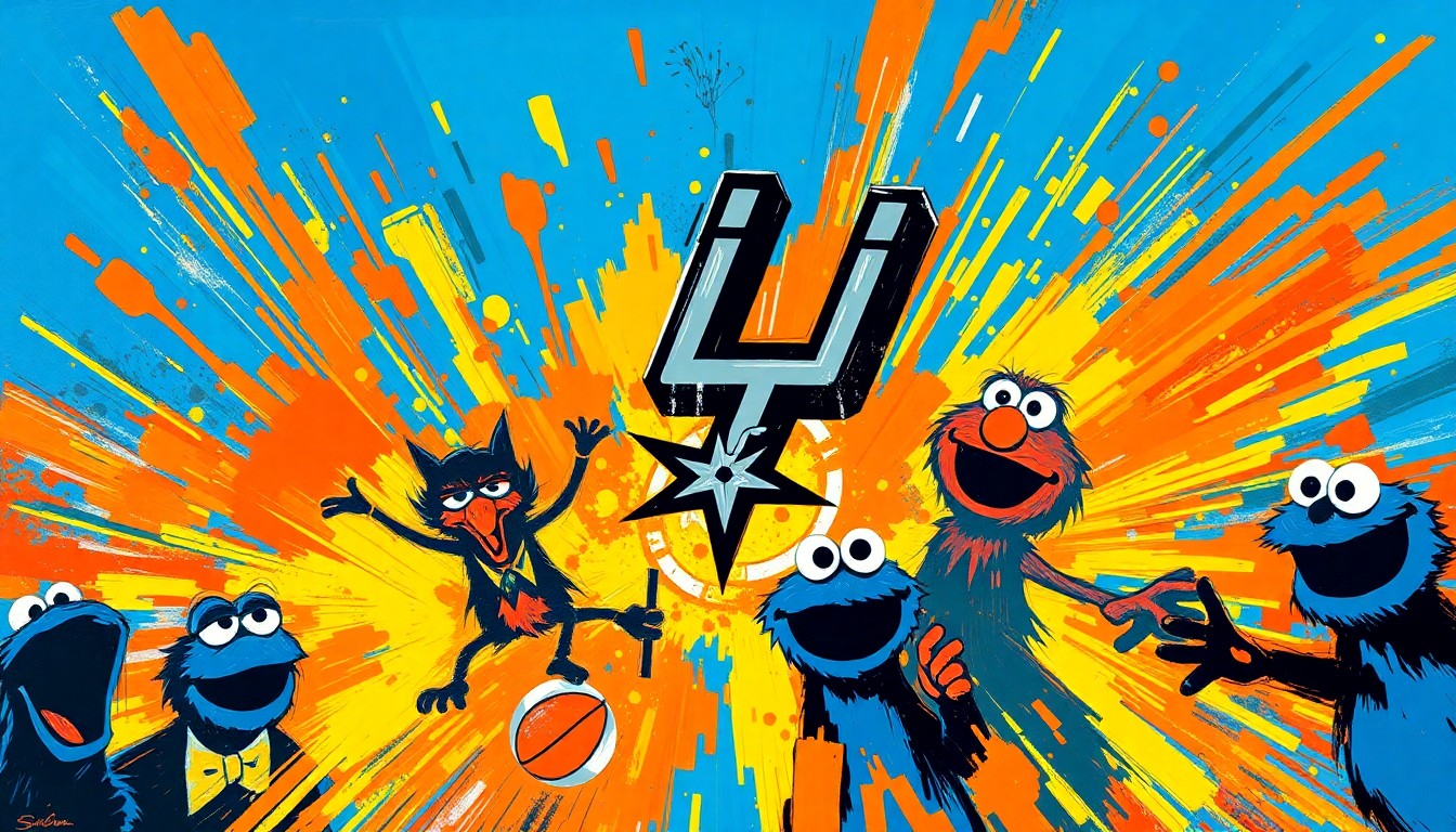 An abstract, expressionist painting in vibrant neon colors, capturing the energy and excitement of a Spurs basketball game with Sesame Street characters. Splashes of orange, yellow, and blue create a sense of movement and chaos, with the Spurs logo and Sesame Street character silhouettes emerging from the composition.