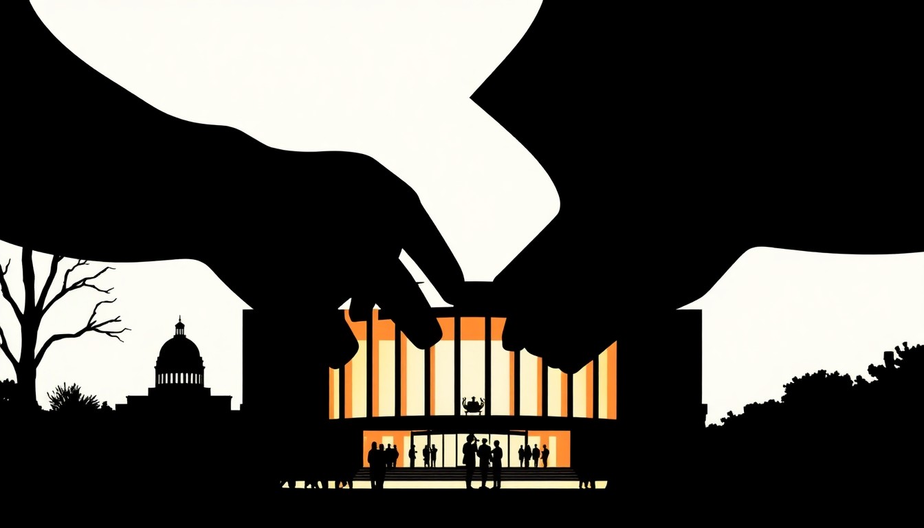 A striking black and white abstract illustration featuring sharp, angular shapes and silhouettes, conveying the conceptual clash between artistic expression and political influence surrounding the Kennedy Center.