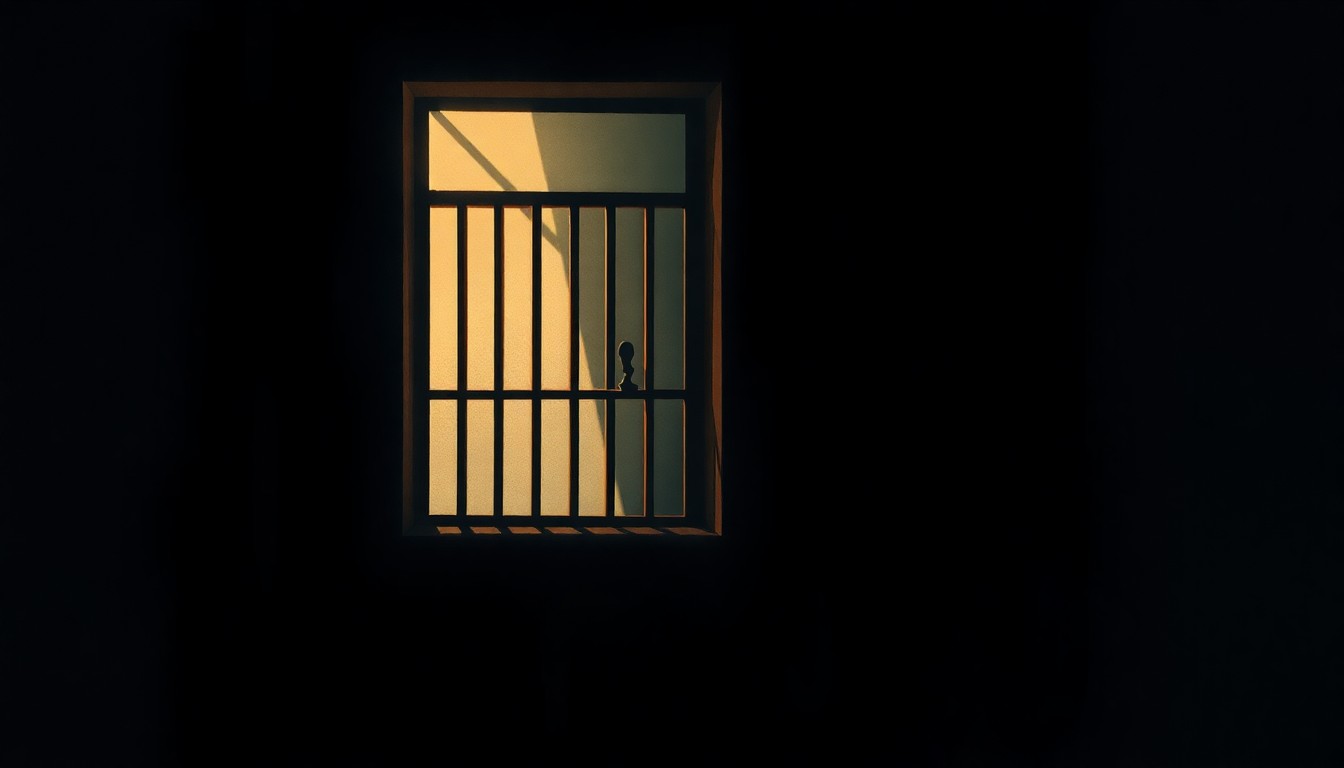 A serene, cinematic painting of a barred window in a dimly lit prison cell, with warm sunlight streaming in and creating deep shadows, conveying a sense of confinement and the potential for change.