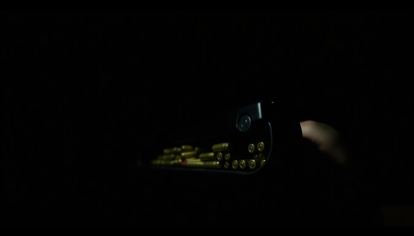 An extreme close-up photograph of a handgun magazine loaded with ammunition, lit by a harsh, direct camera flash against a pitch-black background, conceptually representing the dangerous weapon used in a recent kidnapping incident.