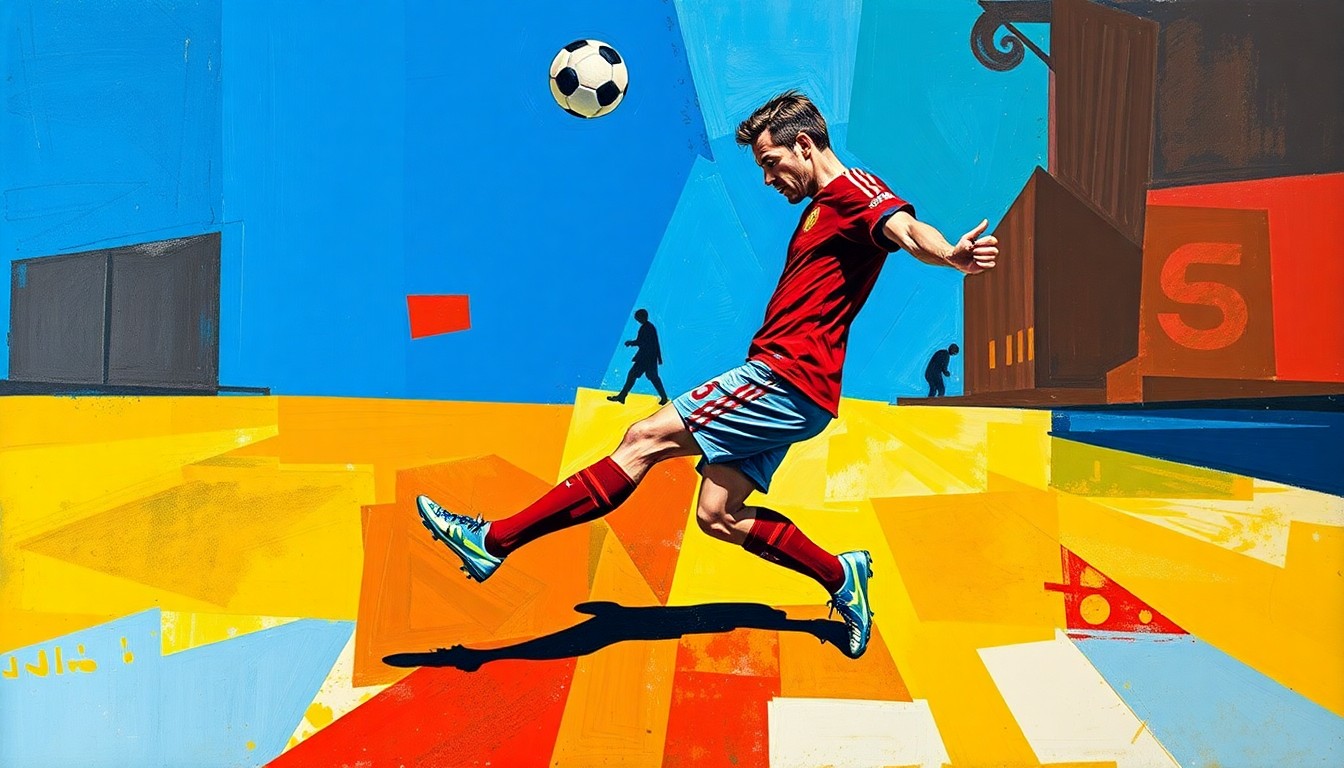 A fractured, cubist-style painting depicting the dynamic movements of a soccer player, with sharp geometric shapes and vibrant colors capturing the raw energy of the sport.
