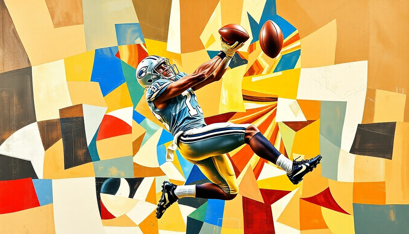 A fragmented, geometric painting depicting a wide receiver in mid-catch, with sharp, overlapping planes of color and form capturing the explosive energy of the sport.