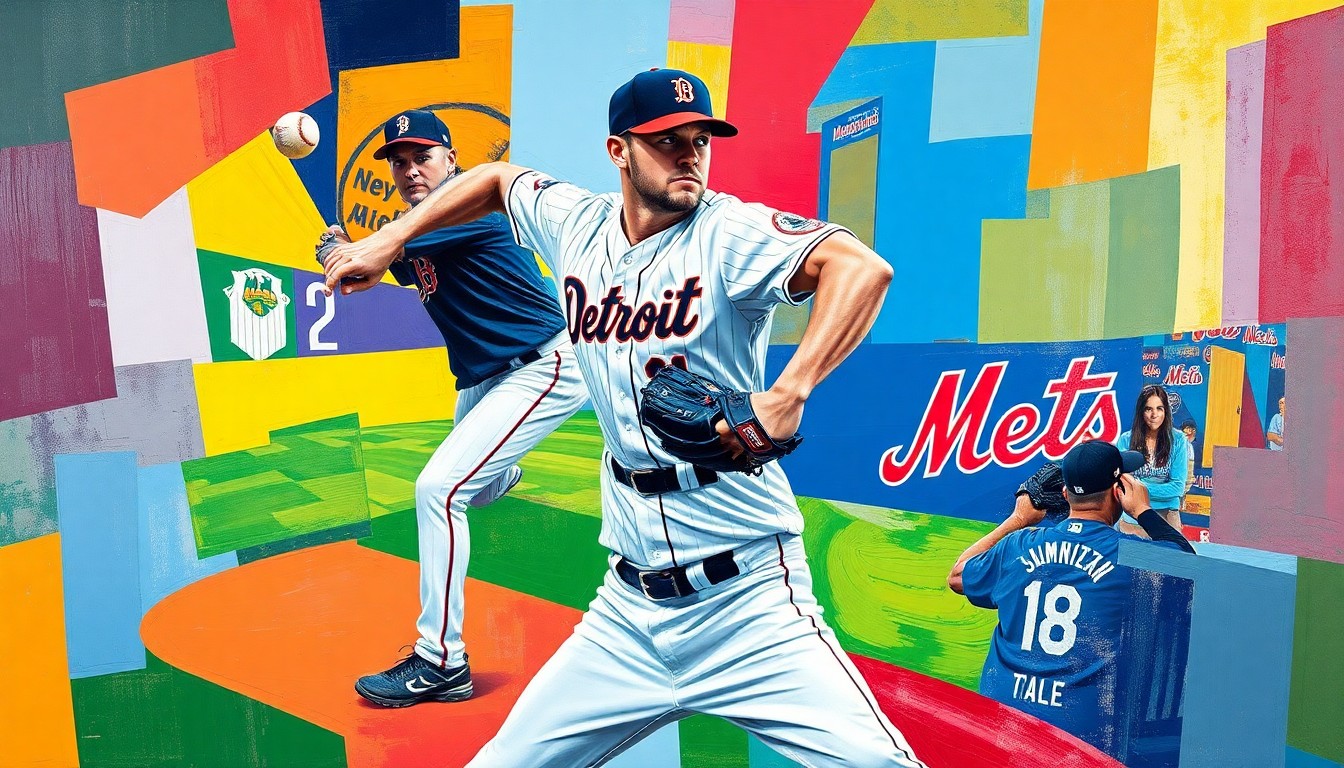 A fragmented, cubist-style painting depicting a baseball pitcher's motion, with sharp geometric shapes in the colors of the Detroit Tigers and New York Mets uniforms, conveying the dynamic negotiations surrounding Tarik Skubal's potential trade.