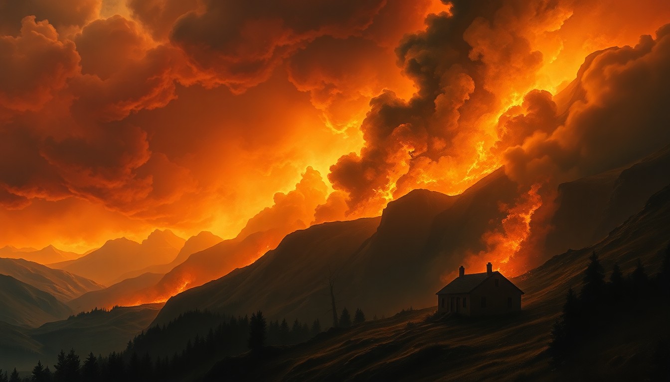 A sweeping, atmospheric landscape painting depicting a large house fire, with flames and thick smoke billowing into the sky and dwarfing the physical structure of the home.