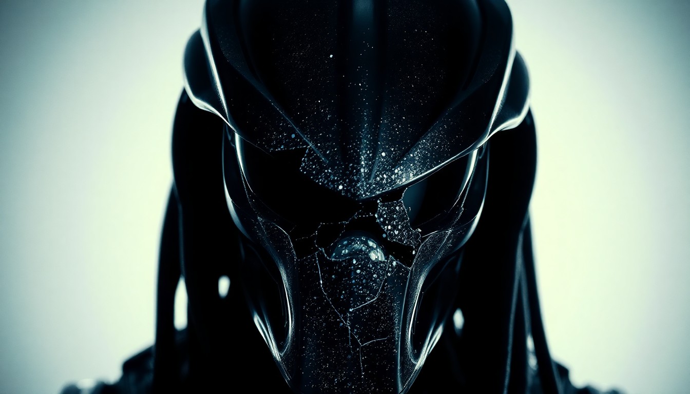 An extreme close-up of a shattered, glittering Predator helmet lens in dramatic studio lighting, conveying the high-stakes action and technological themes of the sci-fi sequel.