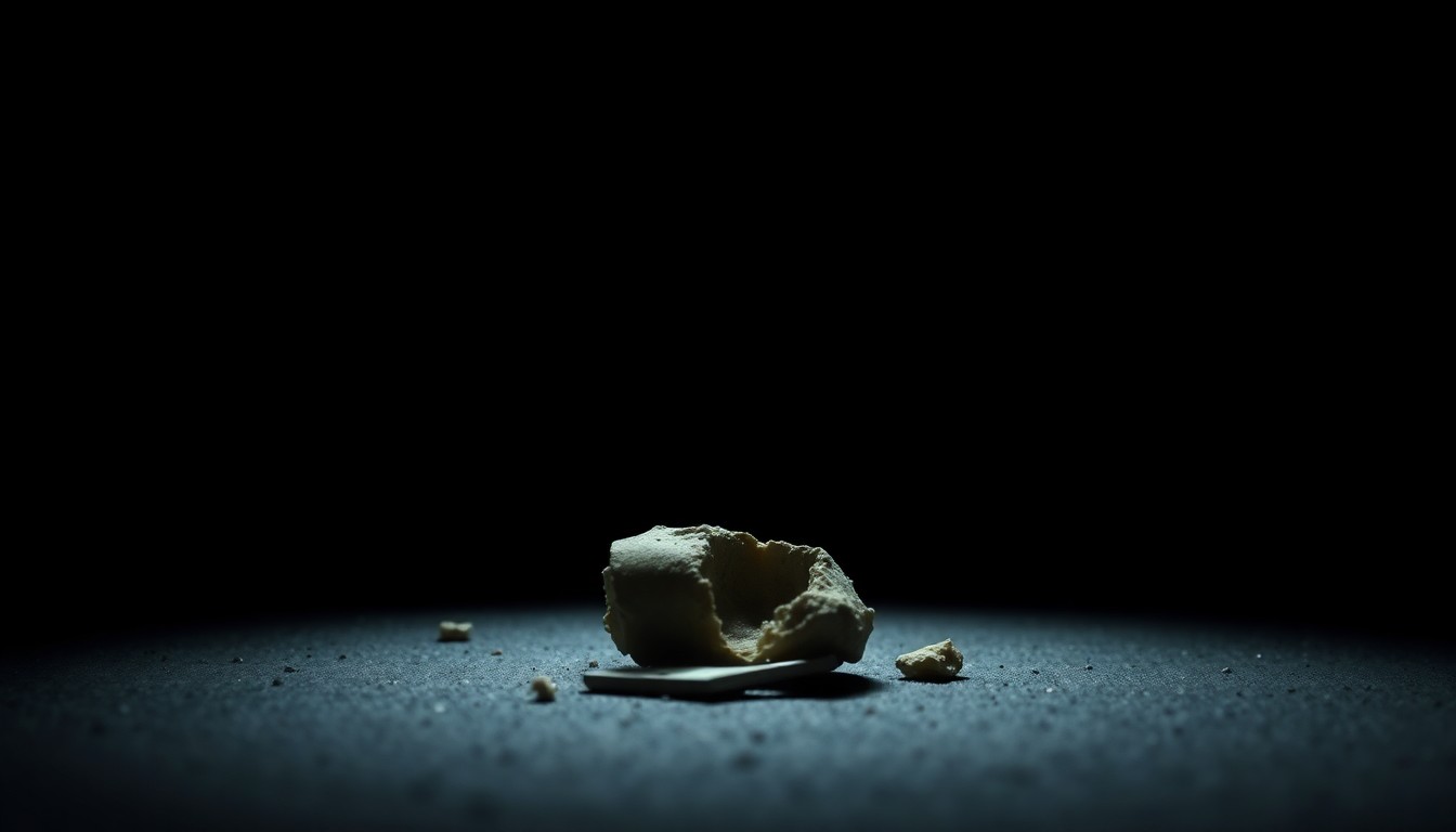 An extreme close-up photograph of a small, unidentifiable object related to the crime scene, such as a broken piece of evidence or a discarded item, lit by a harsh, direct camera flash against a pitch-black background, creating a stark, gritty, and investigative aesthetic.