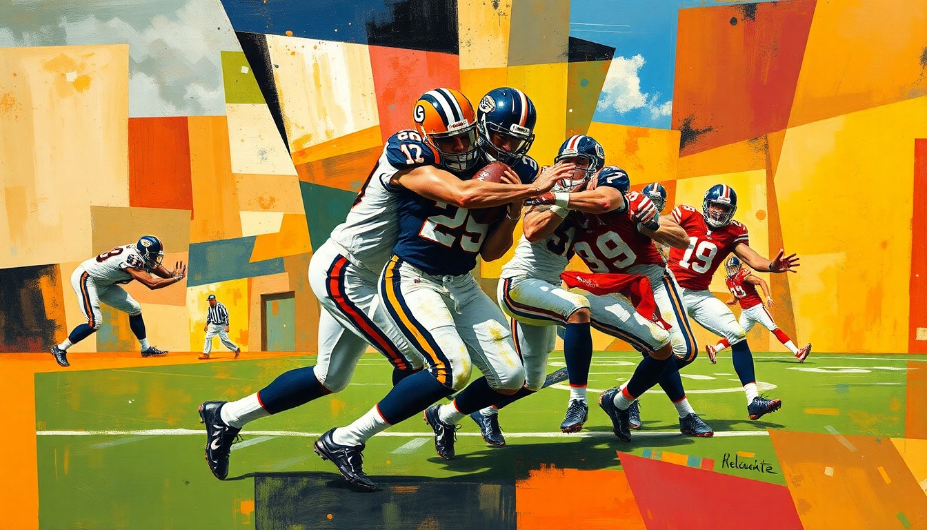 A fragmented, geometric painting depicting a safety making plays in coverage and against the run, with sharp, overlapping shapes and planes representing the multi-dimensional nature of the position.