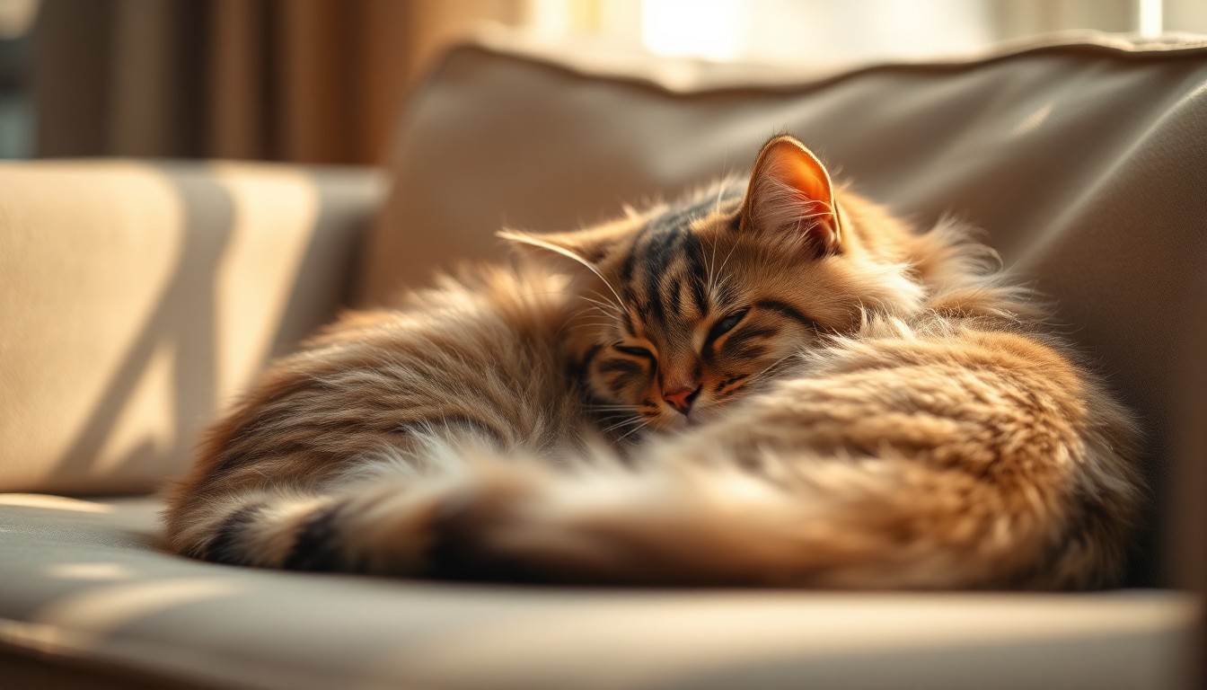 A close-up, out-of-focus photograph of a fluffy Maine Coon cat resting on a couch, with soft, warm pools of light surrounding the animal, creating a cozy and comforting atmosphere.